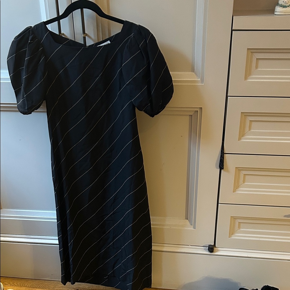 VINTAGE Tracy Mills Black Striped Dress with Puff Sleeves